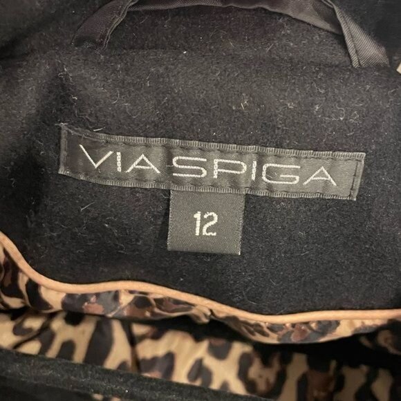 Via Spiga Black Wool Coat With Gold Full Zip & Leather Trim Inserts - Picture 6 of 13